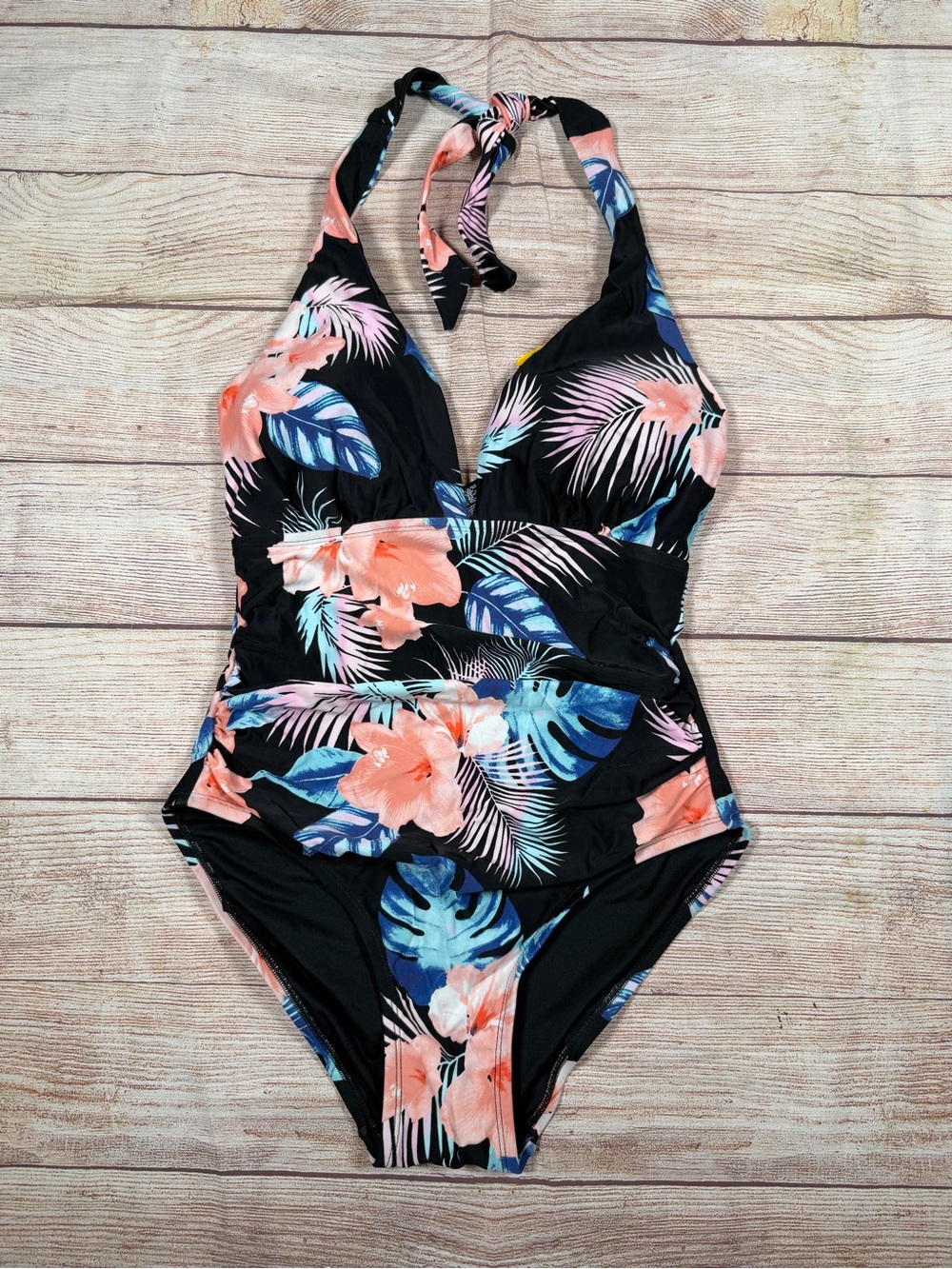 NWT Dkny Black Halter One-Piece Swimsuit with Coral & Blue Tropical Print